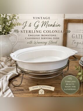 Vintage J&G Meakin Sterling Colonial English Ironstone Dish & Warming Stand